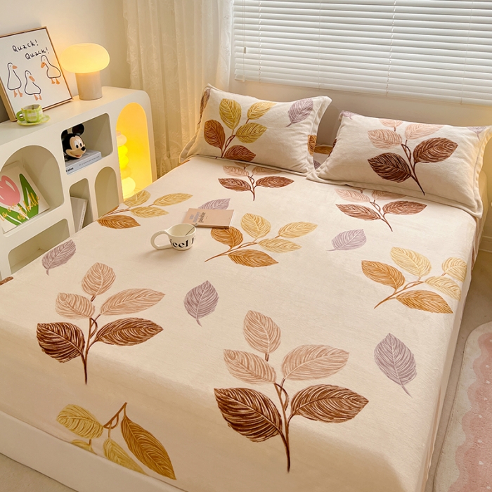 91家纺网 家纺一手货源 找家纺 牛奶绒加厚床笠法兰绒床罩套珊瑚绒床垫保护套防滑固定全包床单黄金叶