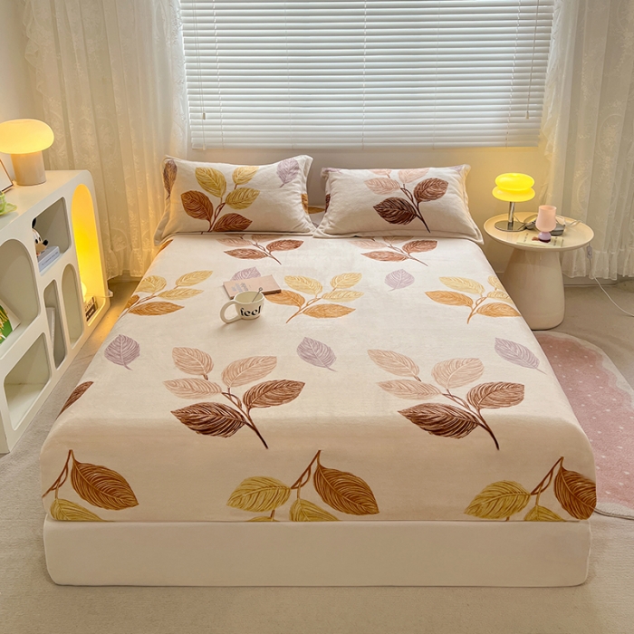 91家纺网 家纺一手货源 找家纺 牛奶绒加厚床笠法兰绒床罩套珊瑚绒床垫保护套防滑固定全包床单黄金叶