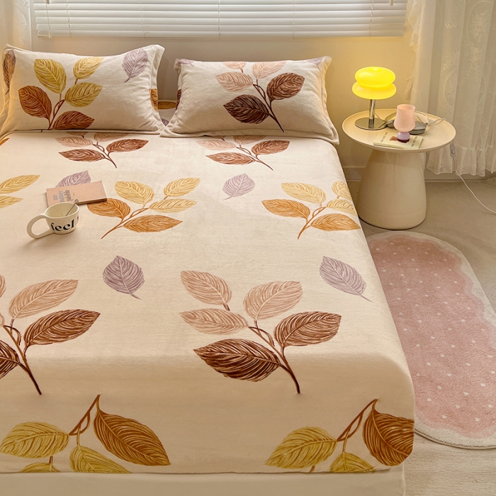 91家纺网 家纺一手货源 找家纺 牛奶绒加厚床笠法兰绒床罩套珊瑚绒床垫保护套防滑固定全包床单黄金叶