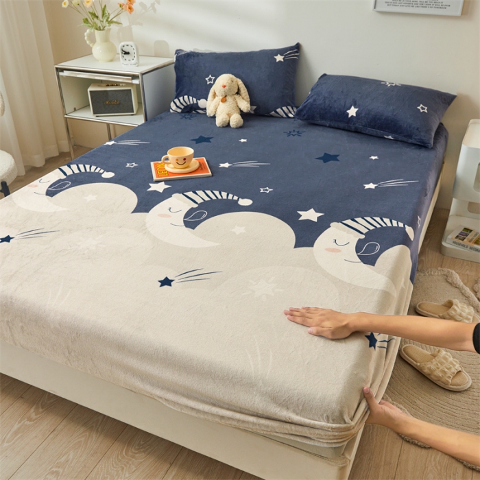 91家纺网 家纺一手货源 找家纺 牛奶绒加厚床笠法兰绒床罩套珊瑚绒床垫保护套防滑固定全包床单月亮宝宝