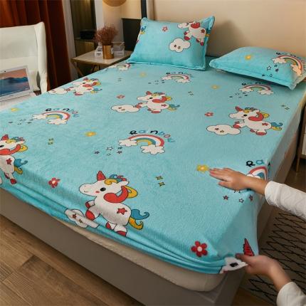 91家纺网 家纺一手货源 找家纺 牛奶绒加厚床笠法兰绒床罩套珊瑚绒床垫保护套防滑固定全包床单彩虹马