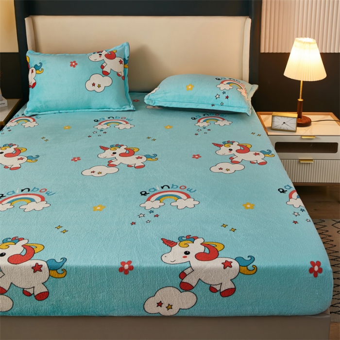 91家纺网 家纺一手货源 找家纺 牛奶绒加厚床笠法兰绒床罩套珊瑚绒床垫保护套防滑固定全包床单彩虹马