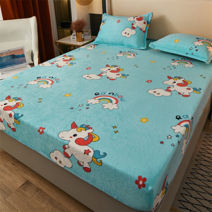 91家纺网 家纺一手货源 找家纺 牛奶绒加厚床笠法兰绒床罩套珊瑚绒床垫保护套防滑固定全包床单彩虹马