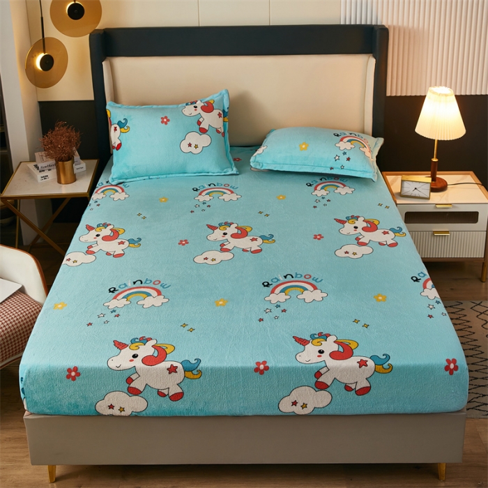 91家纺网 家纺一手货源 找家纺 牛奶绒加厚床笠法兰绒床罩套珊瑚绒床垫保护套防滑固定全包床单彩虹马