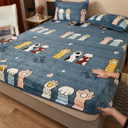 91家纺网 家纺一手货源 找家纺 牛奶绒加厚床笠法兰绒床罩套珊瑚绒床垫保护套防滑固定全包床单可爱爪子