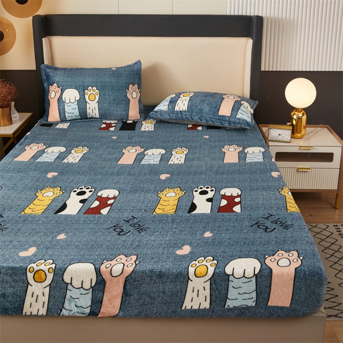91家纺网 家纺一手货源 找家纺 牛奶绒加厚床笠法兰绒床罩套珊瑚绒床垫保护套防滑固定全包床单可爱爪子