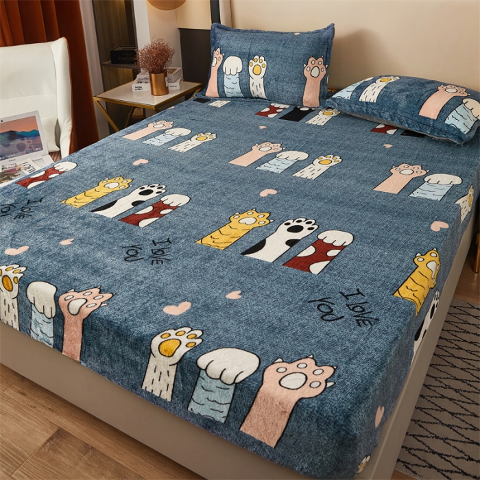 91家纺网 家纺一手货源 找家纺 牛奶绒加厚床笠法兰绒床罩套珊瑚绒床垫保护套防滑固定全包床单可爱爪子