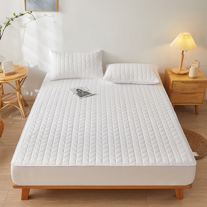 91家纺网 家纺一手货源 找家纺 给笠 2024新款A类水洗棉树叶款防水床笠 树叶防水-白色