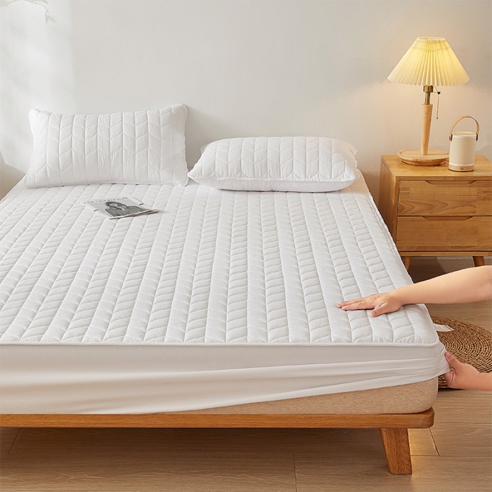 91家纺网 家纺一手货源 找家纺 给笠 2024新款A类水洗棉树叶款防水床笠 树叶防水-白色