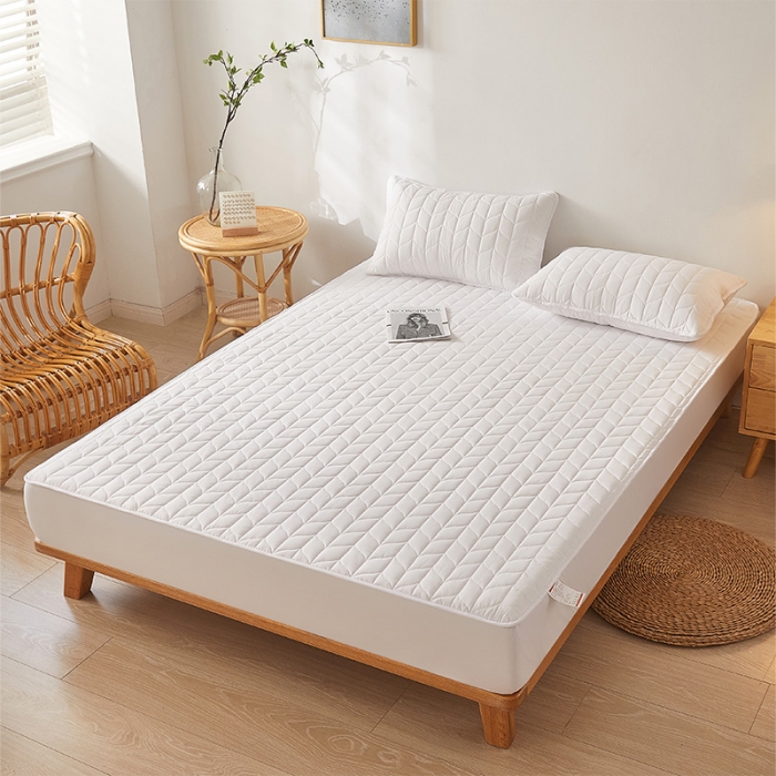 91家纺网 家纺一手货源 找家纺 给笠 2024新款A类水洗棉树叶款防水床笠 树叶防水-白色