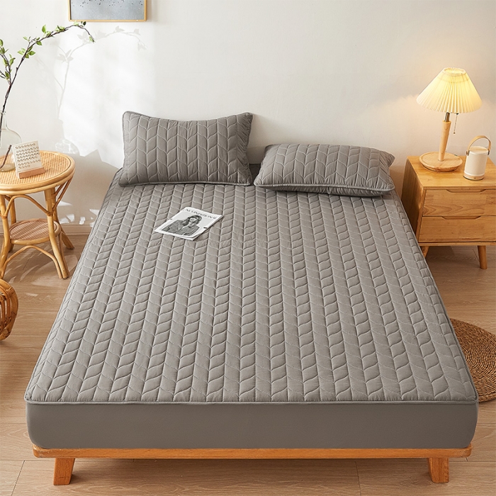 91家纺网 家纺一手货源 找家纺 给笠 2024新款A类水洗棉树叶款防水床笠 树叶防水-灰色