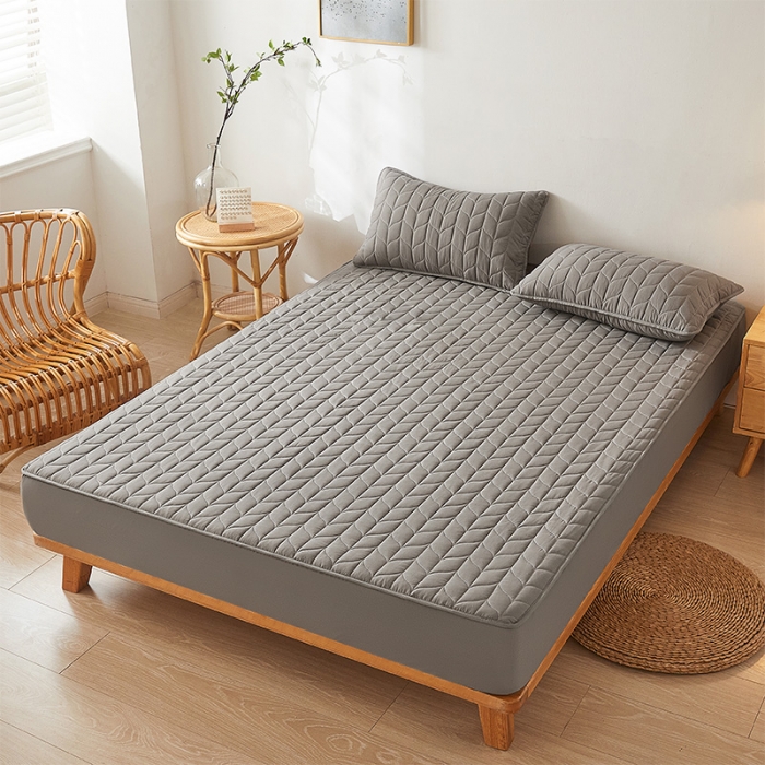 91家纺网 家纺一手货源 找家纺 给笠 2024新款A类水洗棉树叶款防水床笠 树叶防水-灰色