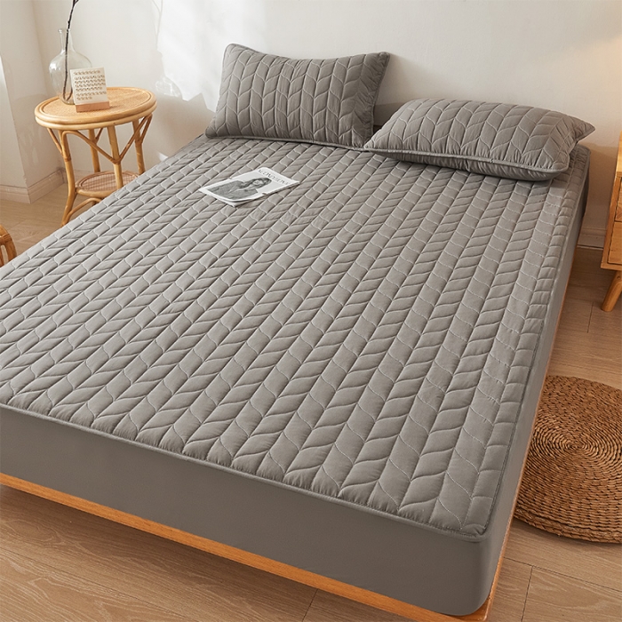 91家纺网 家纺一手货源 找家纺 给笠 2024新款A类水洗棉树叶款防水床笠 树叶防水-灰色