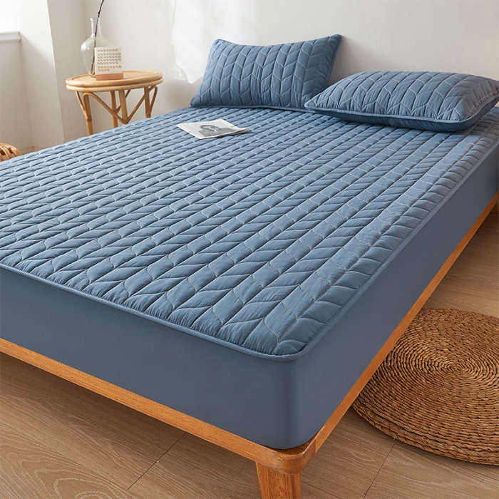 91家纺网 家纺一手货源 找家纺 给笠 2024新款A类水洗棉树叶款防水床笠 树叶防水-蓝色