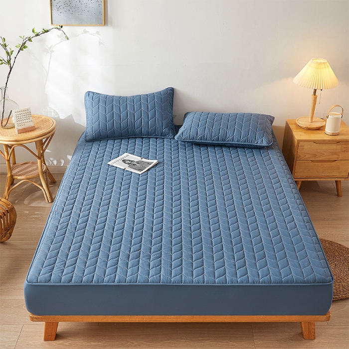 91家纺网 家纺一手货源 找家纺 给笠 2024新款A类水洗棉树叶款防水床笠 树叶防水-蓝色