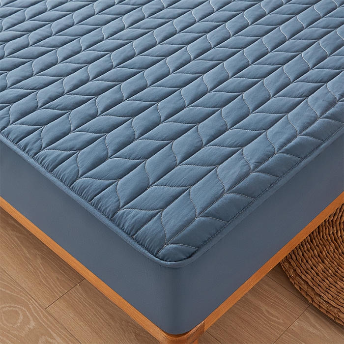 91家纺网 家纺一手货源 找家纺 给笠 2024新款A类水洗棉树叶款防水床笠 树叶防水-蓝色