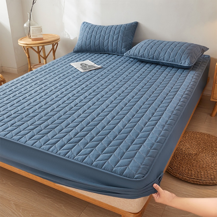 91家纺网 家纺一手货源 找家纺 给笠 2024新款A类水洗棉树叶款防水床笠 树叶防水-蓝色