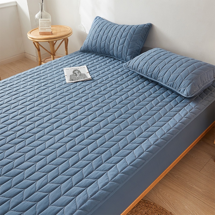 91家纺网 家纺一手货源 找家纺 给笠 2024新款A类水洗棉树叶款防水床笠 树叶防水-蓝色