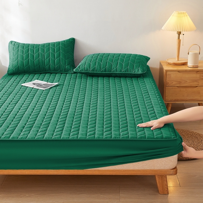 91家纺网 家纺一手货源 找家纺 给笠 2024新款A类水洗棉树叶款防水床笠 树叶防水-墨绿色