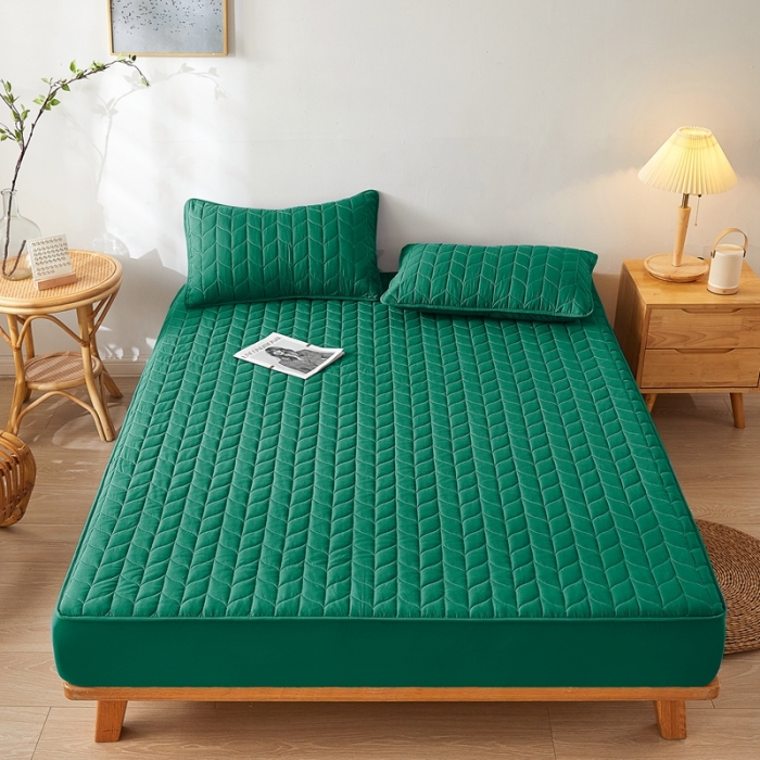 91家纺网 家纺一手货源 找家纺 给笠 2024新款A类水洗棉树叶款防水床笠 树叶防水-墨绿色