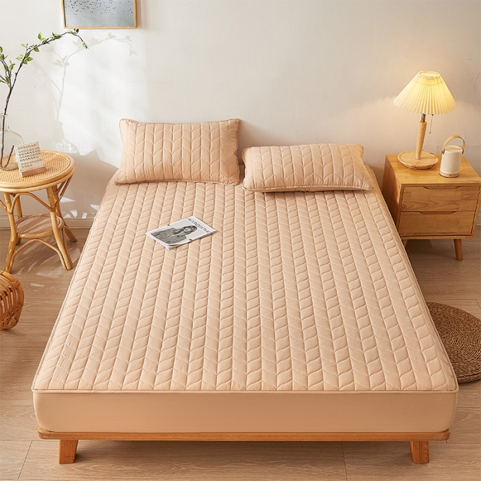 91家纺网 家纺一手货源 找家纺 给笠 2024新款A类水洗棉树叶款防水床笠 树叶防水-驼色