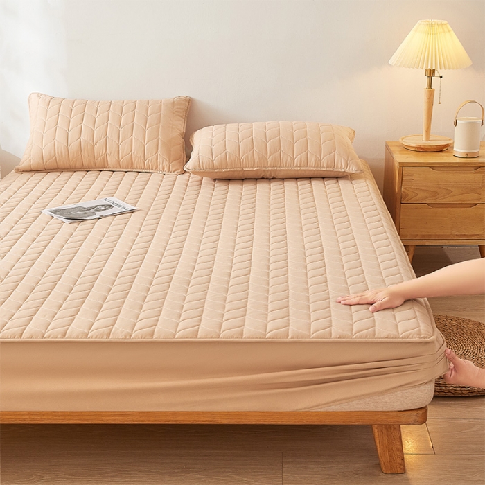 91家纺网 家纺一手货源 找家纺 给笠 2024新款A类水洗棉树叶款防水床笠 树叶防水-驼色