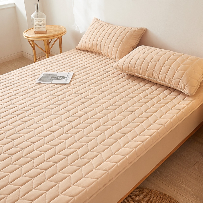 91家纺网 家纺一手货源 找家纺 给笠 2024新款A类水洗棉树叶款防水床笠 树叶防水-驼色