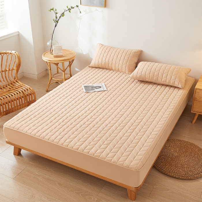 91家纺网 家纺一手货源 找家纺 给笠 2024新款A类水洗棉树叶款防水床笠 树叶防水-驼色