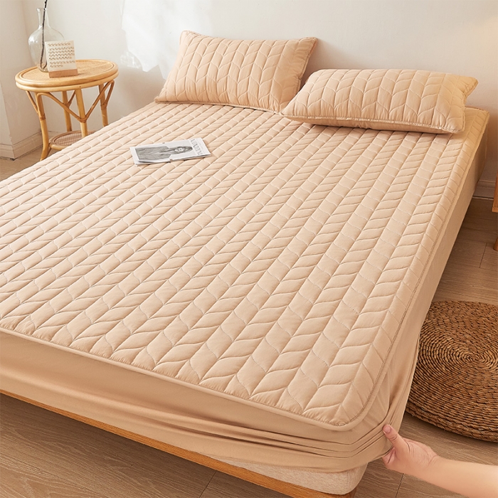 91家纺网 家纺一手货源 找家纺 给笠 2024新款A类水洗棉树叶款防水床笠 树叶防水-驼色