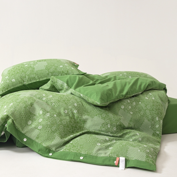 91家纺网 家纺一手货源 找家纺 安莱生活 2023简约花妍缤纷拼边四件套图1 缤纷花妍草绿