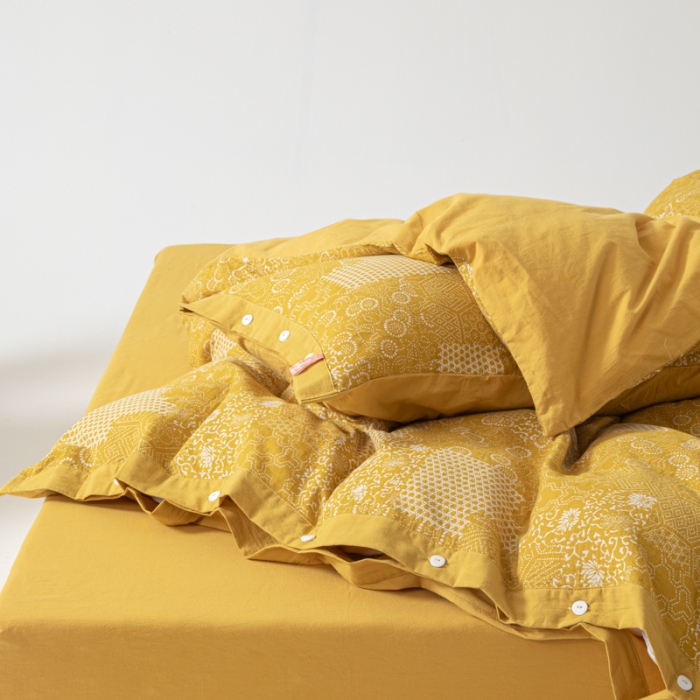 91家纺网 家纺一手货源 找家纺 安莱生活 2023简约花妍缤纷拼边四件套图1 缤纷花妍姜黄