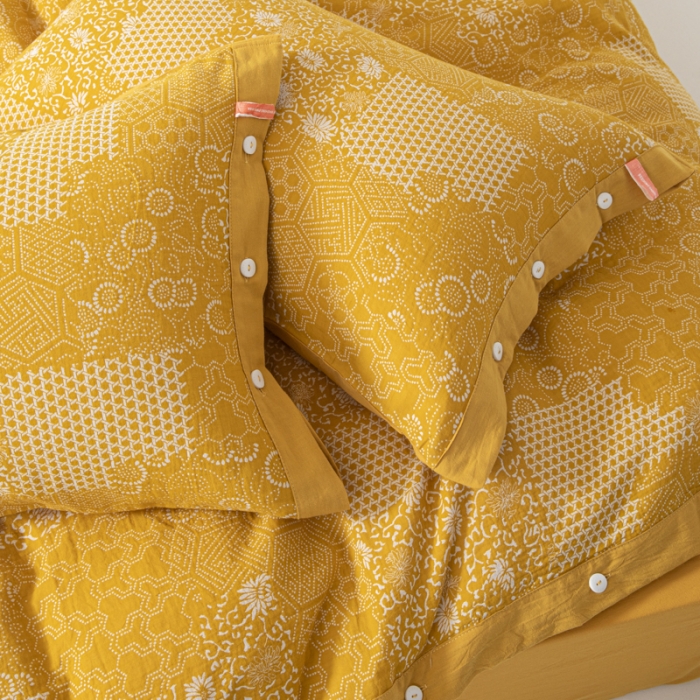 91家纺网 家纺一手货源 找家纺 安莱生活 2023简约花妍缤纷拼边四件套图1 缤纷花妍姜黄