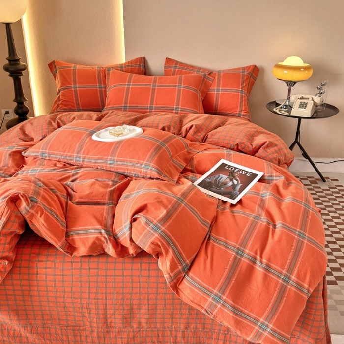 91家纺网 家纺一手货源 找家纺 价格下调三沁 直播爆款纯棉全棉色织水洗棉简约格子式四件套倾城爱玛橘