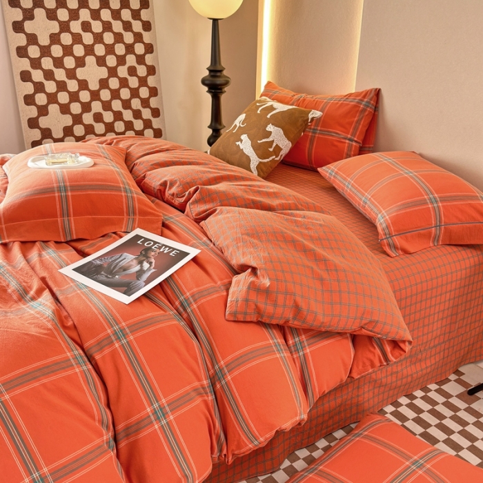 91家纺网 家纺一手货源 找家纺 价格下调三沁 直播爆款纯棉全棉色织水洗棉简约格子式四件套倾城爱玛橘