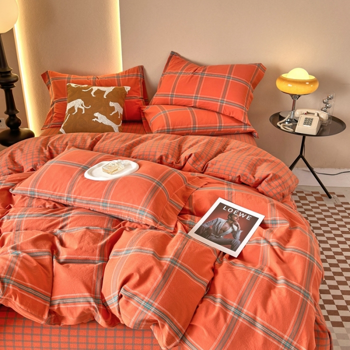 91家纺网 家纺一手货源 找家纺 价格下调三沁 直播爆款纯棉全棉色织水洗棉简约格子式四件套倾城爱玛橘