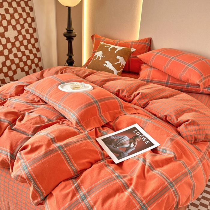 91家纺网 家纺一手货源 找家纺 价格下调三沁 直播爆款纯棉全棉色织水洗棉简约格子式四件套倾城爱玛橘