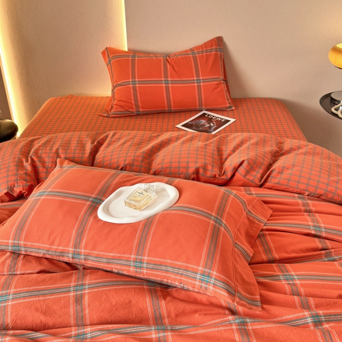 91家纺网 家纺一手货源 找家纺 价格下调三沁 直播爆款纯棉全棉色织水洗棉简约格子式四件套倾城爱玛橘