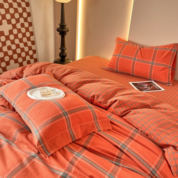 91家纺网 家纺一手货源 找家纺 价格下调三沁 直播爆款纯棉全棉色织水洗棉简约格子式四件套倾城爱玛橘