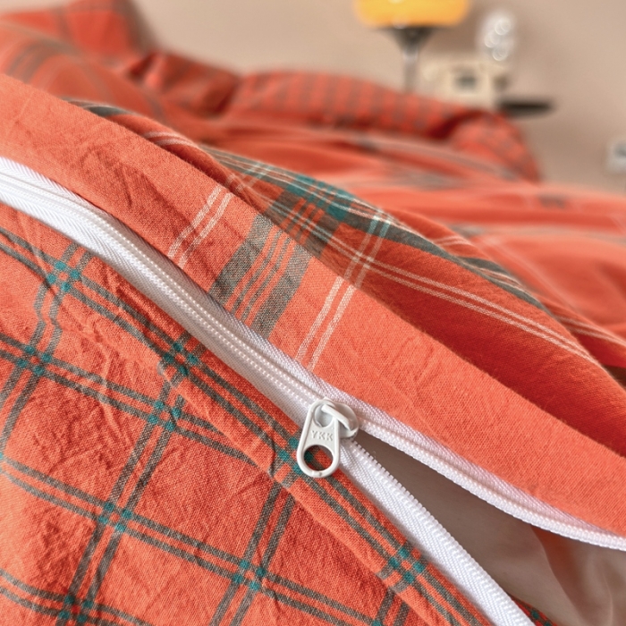 91家纺网 家纺一手货源 找家纺 价格下调三沁 直播爆款纯棉全棉色织水洗棉简约格子式四件套倾城爱玛橘