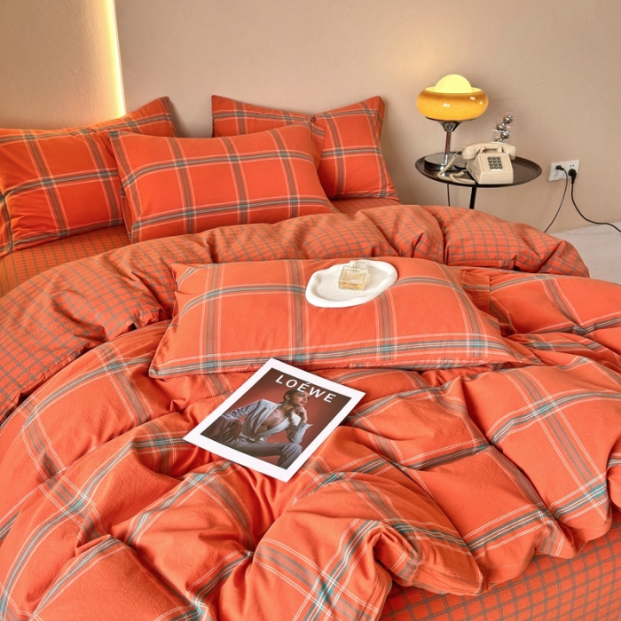 91家纺网 家纺一手货源 找家纺 价格下调三沁 直播爆款纯棉全棉色织水洗棉简约格子式四件套倾城爱玛橘