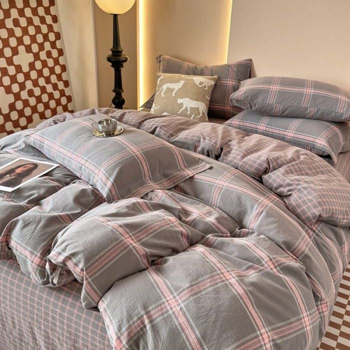 91家纺网 家纺一手货源 找家纺 价格下调三沁 直播爆款纯棉全棉色织水洗棉简约格子式四件套倾城淡雅灰