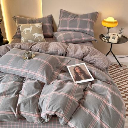 价格下调三沁 直播爆款纯棉全棉色织水洗棉简约格子式四件套倾城淡雅灰