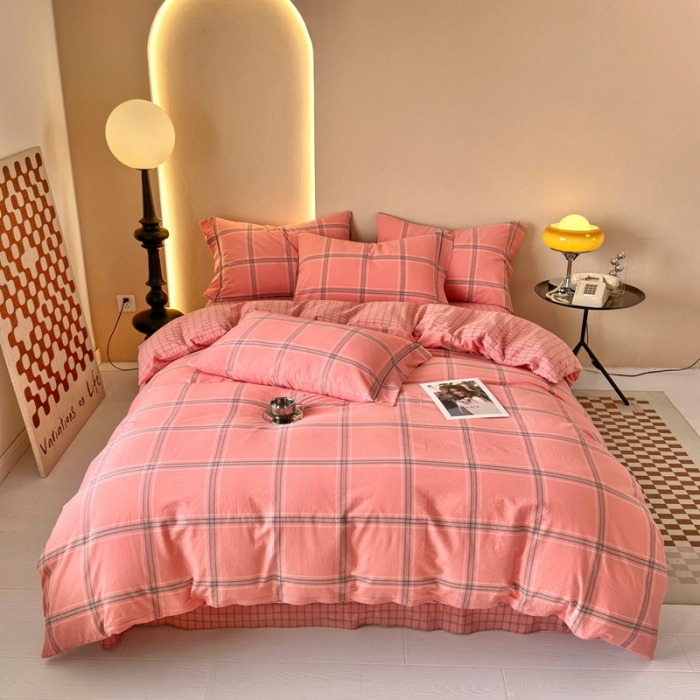 91家纺网 家纺一手货源 找家纺 价格下调三沁直播爆款纯棉全棉色织水洗棉简约格子式四件套倾城蜜桃粉