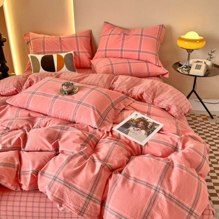 91家纺网 家纺一手货源 找家纺 价格下调三沁直播爆款纯棉全棉色织水洗棉简约格子式四件套倾城蜜桃粉