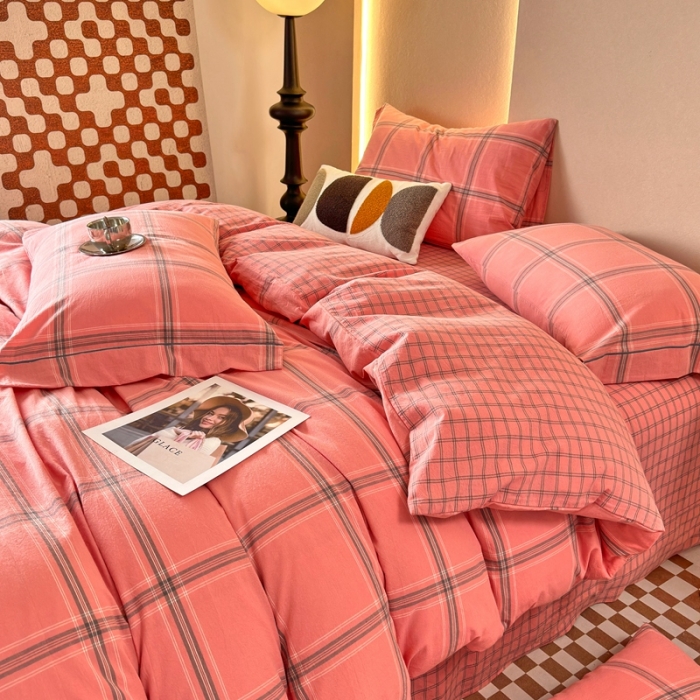 91家纺网 家纺一手货源 找家纺 价格下调三沁直播爆款纯棉全棉色织水洗棉简约格子式四件套倾城蜜桃粉