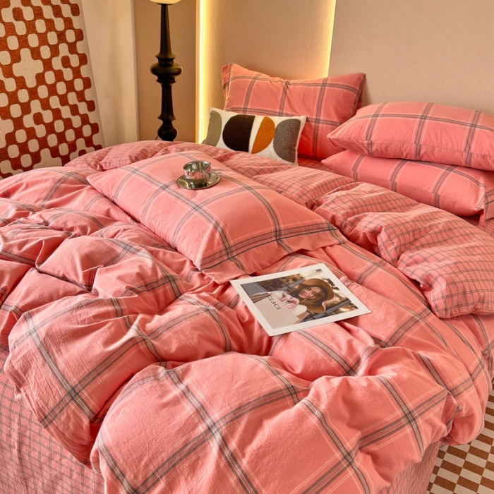 91家纺网 家纺一手货源 找家纺 价格下调三沁直播爆款纯棉全棉色织水洗棉简约格子式四件套倾城蜜桃粉