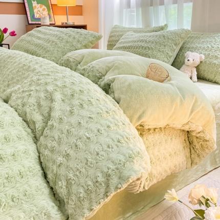 91家纺网 家纺一手货源 找家纺 金爱家 2023新款全消光牛奶绒A类纯色獭兔毛绒立体牛奶绒四件套 兔毛玫瑰青绿