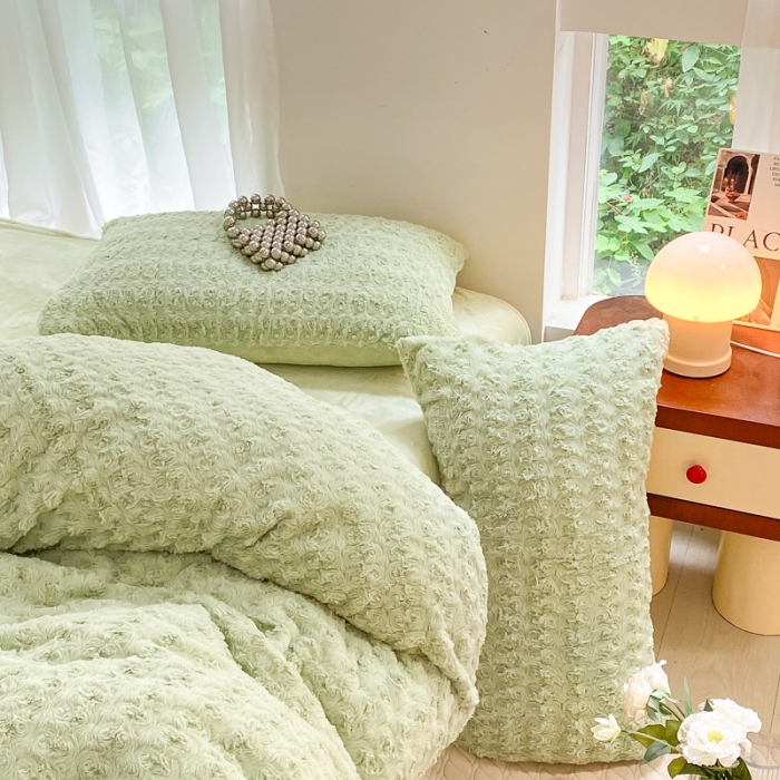91家纺网 家纺一手货源 找家纺 金爱家 2023新款全消光牛奶绒A类纯色獭兔毛绒立体牛奶绒四件套 兔毛玫瑰青绿