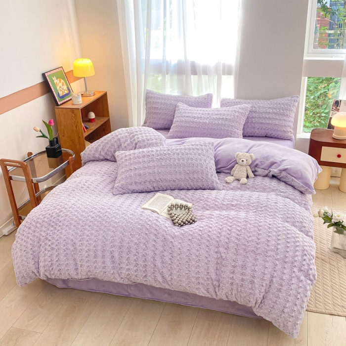 91家纺网 家纺一手货源 找家纺 金爱家 2023新款全消光牛奶绒A类纯色獭兔毛绒立体牛奶绒四件套 兔毛玫瑰紫