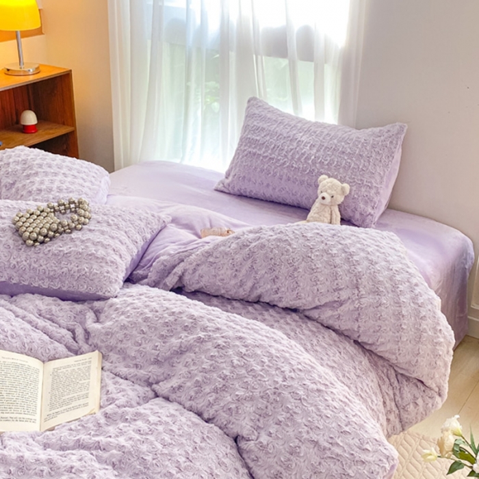 91家纺网 家纺一手货源 找家纺 金爱家 2023新款全消光牛奶绒A类纯色獭兔毛绒立体牛奶绒四件套 兔毛玫瑰紫